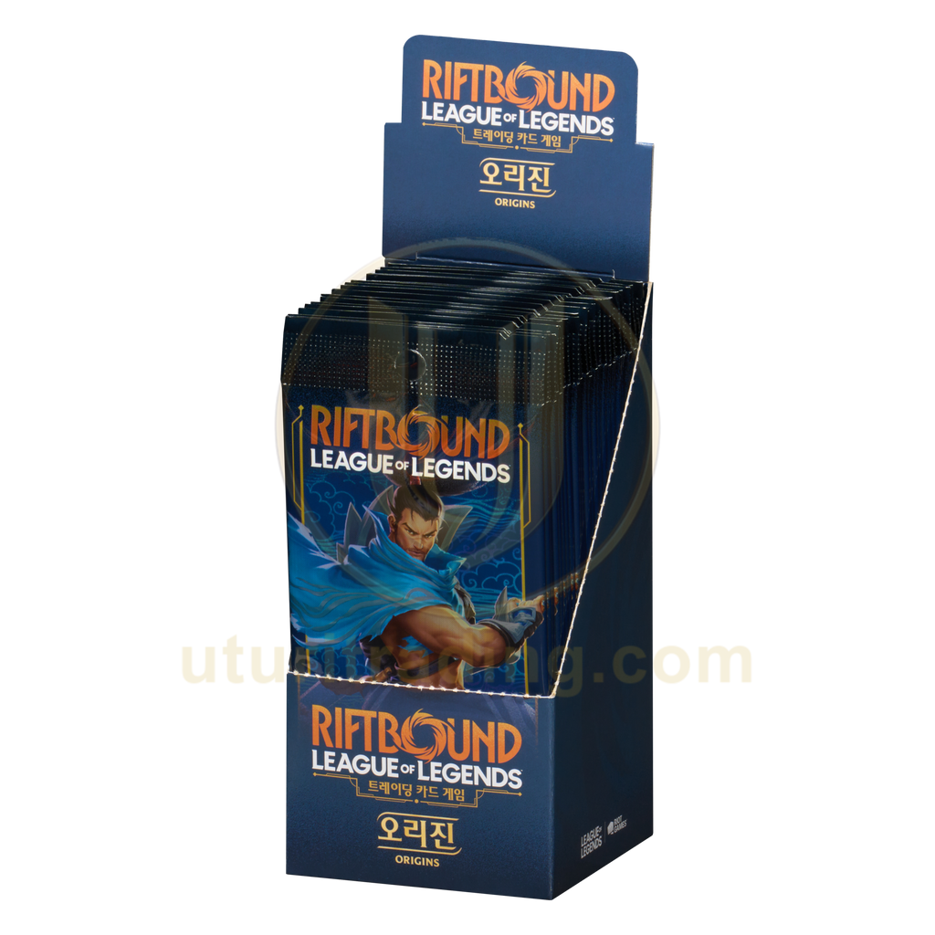 Display Riftbound Origins Slim coréen — Booster Box 24 boosters de 5 cartes League of Legends TCG — boîte ouverte, vue de trois-quarts