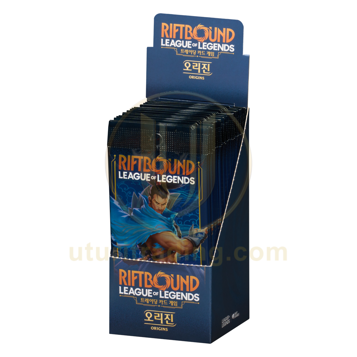 Display Riftbound Origins Slim coréen — Booster Box 24 boosters de 5 cartes League of Legends TCG — boîte ouverte, vue de trois-quarts